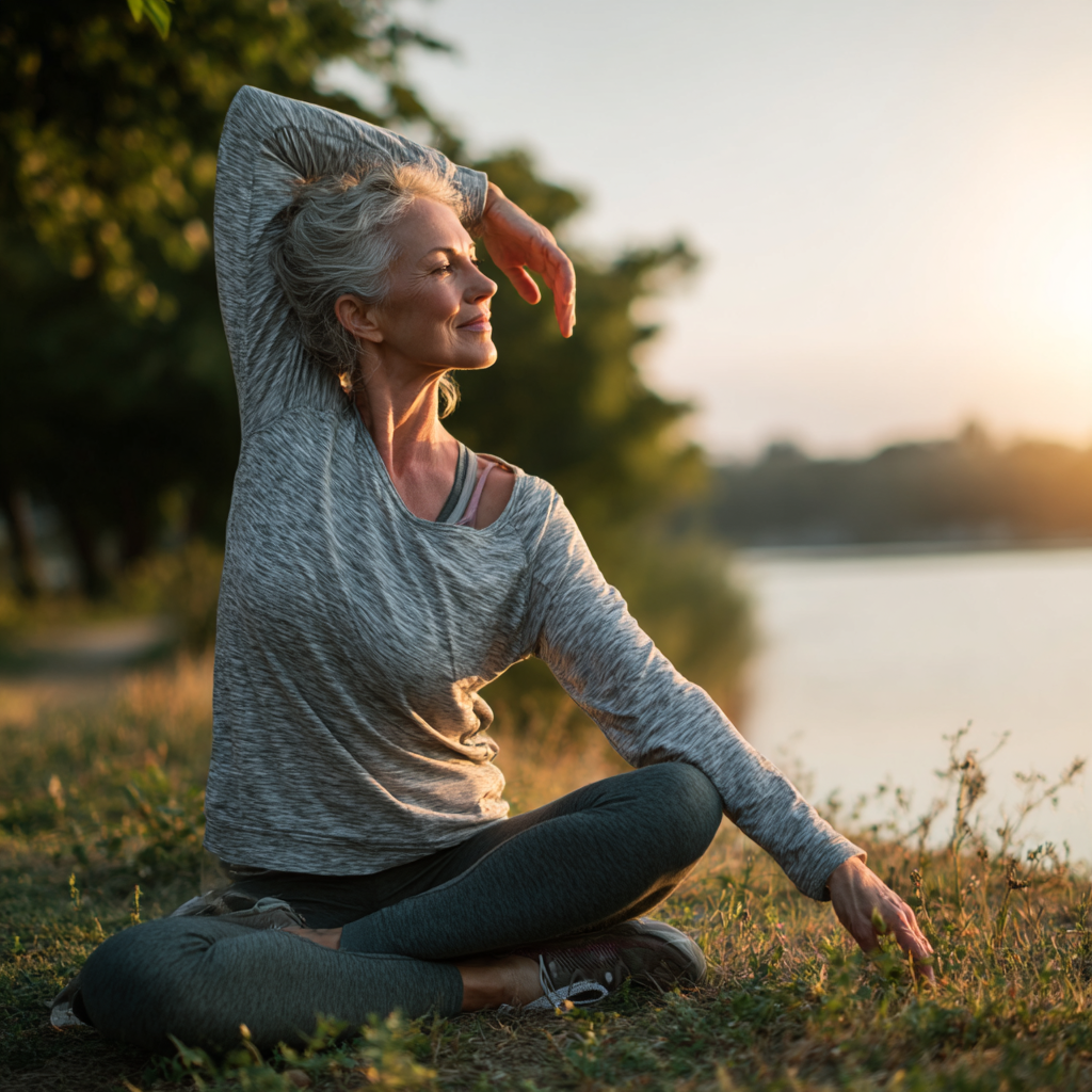 Middle-aged woman doing stretching exercises in a peaceful natural setting